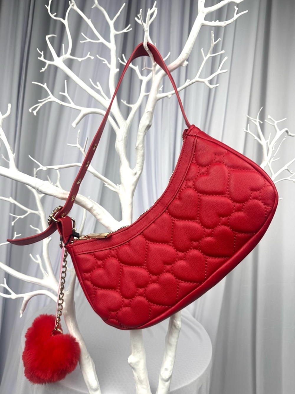 Betsey Johnson “Oh She Bows” Quilted Heart Mini Hobo Bag With Removable Pom-Pom - Picture 5 of 17